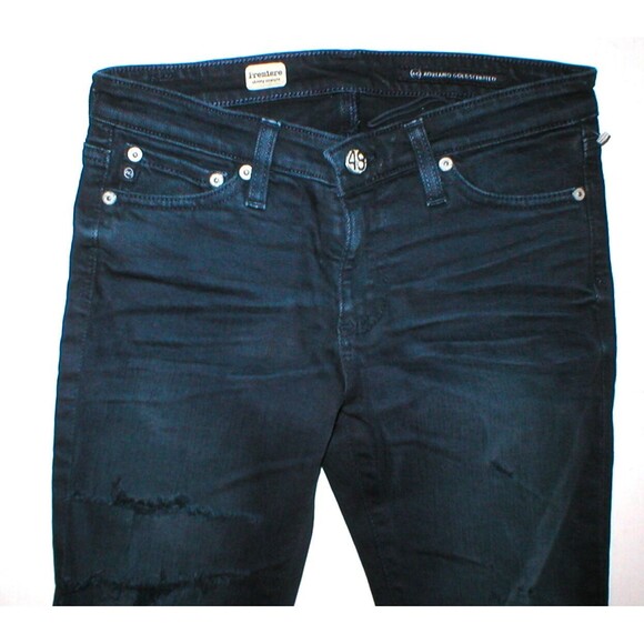 New $255 Womens Designer AG Jeans Premiere Skinny Straight Black 25 Slashed Dark - Picture 2 of 12